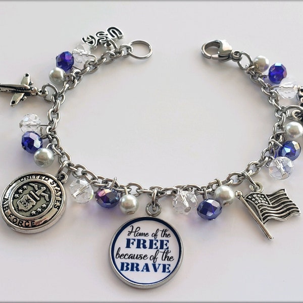 AIR FORCE Mom, Air force Mom Charm Bracelet, Home of the Free Jewelry, AirForce Moms Gift, Military Mother Bracelet, Air Force Mom Gift