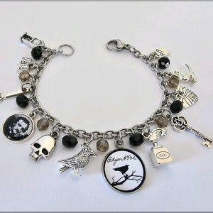 EDGAR ALLAN POE charm Bracelet, Edgar Allan Poe, Poe Bracelet, Poe Jewelry, Edgar Allan Poe Charms, Nevermore