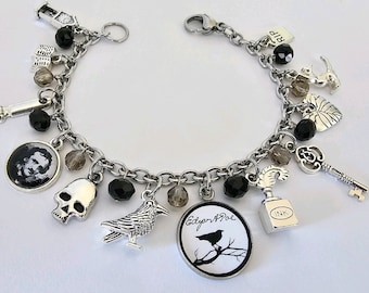 EDGAR ALLAN POE charm Bracelet, Edgar Allan Poe, Poe Bracelet, Poe Jewelry, Edgar Allan Poe Charms, Nevermore