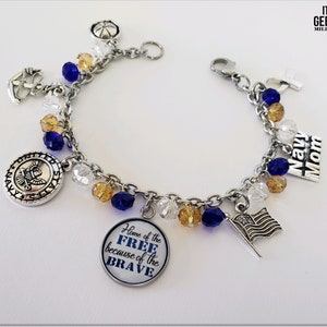 Navy Mom Charm Bracelet: Blue & Gold Beaded Jewelry Gift