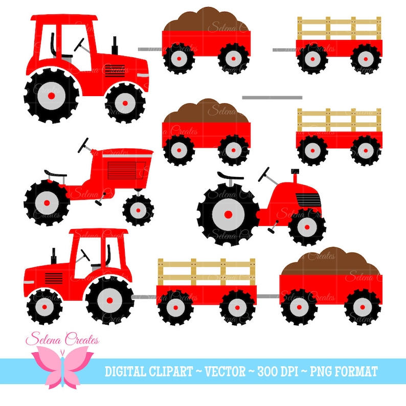 May include: A set of red farm clip art images, including tractors, wagons, and a pile of dirt. The images are in a vector format and are 300 DPI. The text "DIGITAL CLIPART - VECTOR - 300 DPI - PNG FORMAT" is at the bottom of the image.