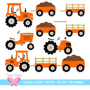Op de afbeelding: Een set digitale clipart-afbeeldingen met oranje tractoren, aanhangwagens en wagens. De afbeeldingen zijn in cartoon-stijl en perfect voor gebruik in knutselprojecten, scrapbooking of digitaal ontwerp.