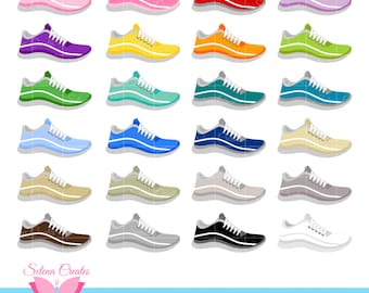 Op de afbeelding: Een set van 20 kleurrijke clip art afbeeldingen van hardloopschoenen. De schoenen zijn allemaal in dezelfde stijl, maar in verschillende kleuren, waaronder roze, paars, geel, groen, blauw, bruin, grijs en wit.