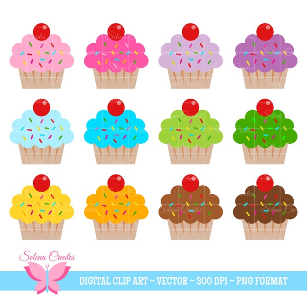 Sprinkled Cupcake Clipart, Digital Clipart, Pink Cupcakes, Birthday Party, Invitation, Frosted, Vector, PNG Format