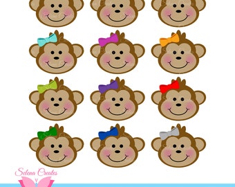 Girl Monkey Clipart Set, Digital Clipart, Girl Monkey, Monkey Face, Hair Bow, Vector, PNG Format