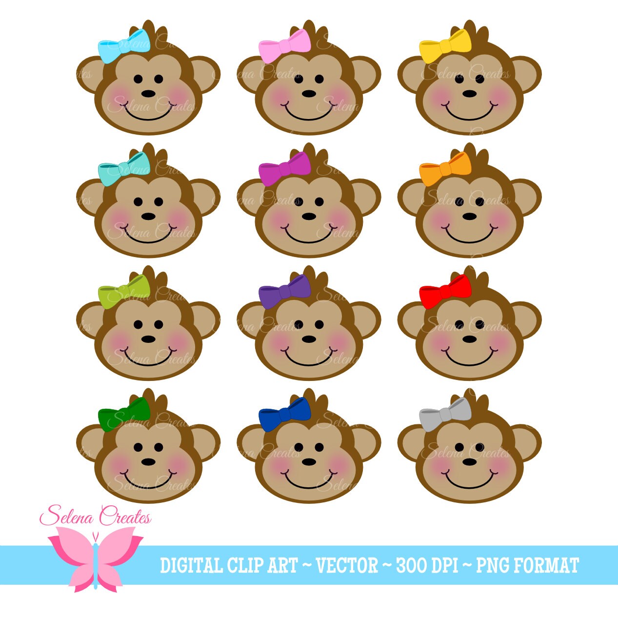 Girl Monkey Clipart Set Digital Clipart Girl Monkey Monkey Etsy