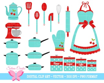 Retro Kitchen Clipart Set, Digital Clipart, Clip Art, Retro Apron, Pots and Pans, Clipart Set, Vector, PNG Format