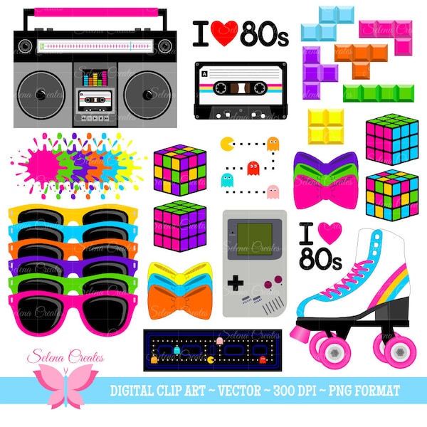 anni ' 80 Set Set di Clipart, Digital Clipart, ClipArt, 1980s, vettoriale, formato PNG