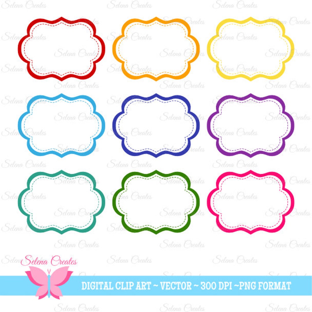 Bracket Frame Tag Clipart, Bright Colors Set 2, Outlined, Digital