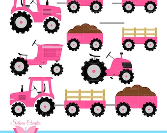 Tractor Clipart Set, Pink Tractors, Vector, PNG Format