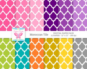 Moroccan Tile Digital Paper Set, Bright Colors, Digital Scrapbook Paper Set, Printable Paper, Vector, PNG Format