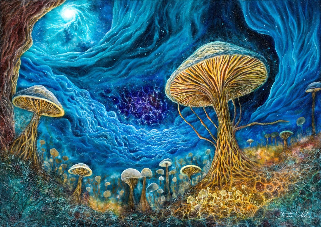 Original Fantasy Mushroom Landscape, Surreal Cosmic Forest Painting ...