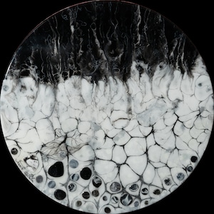 Abstract, minimalism, expressionism, black and white, circular, painting, mixed media, resin, contemporary, modern art, interior design