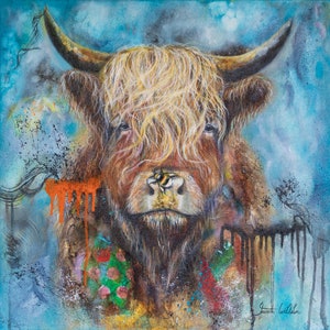 Highland cow, cow, original oil painting, cow painting, nursery room, kids room, home decor, wall decor, art, blue, bumble bee, farm art