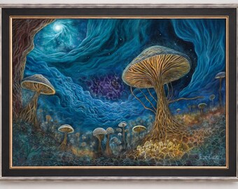 Original Fantasy Mushroom Landscape, surreal cosmic forest painting, psychedelic blue landscape art, surreal fantasy, cosmic mycelium sky