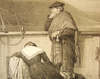 HIGHLAND CLEARANCES - Scottish Emigrant Couple on Ship - 'Lochaber No More' - Reproduction Print From 19th Century Engraving