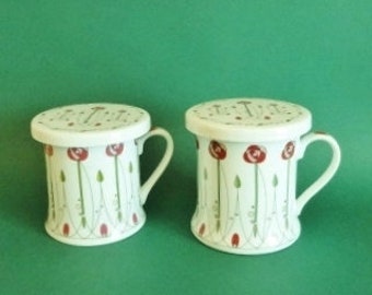 Set of 4 Matching China Mugs With Rennie Mackintosh Rose Style Design NEW BOXED