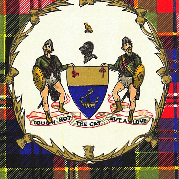 MACPHERSON CLAN (Crest & Tartan) Print - Reproduction from an Antique Original - Size: 8 1/4 in. (21 cm) x 11 3/4 in. (29.7 cm)