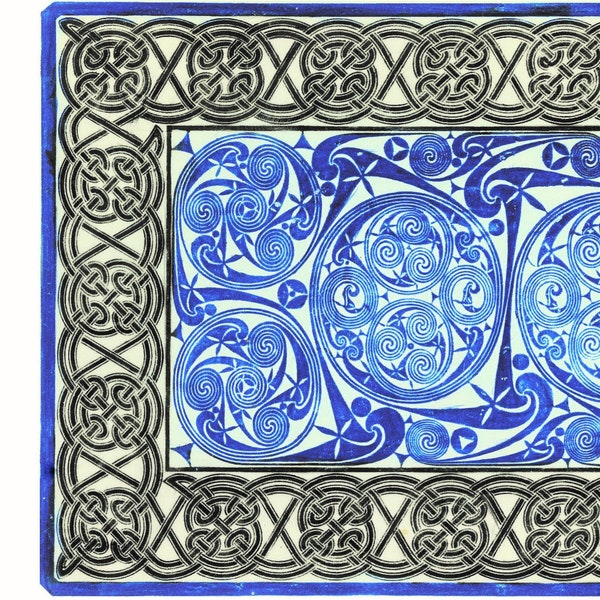 CELTIC BRASS RUBBING Print - Blue & Black on White Background - Can Be Displayed Either Vertically or Horizontally