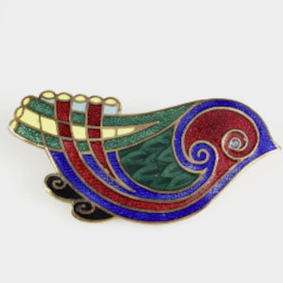 CELTIC BIRD BROOCH - Enamel in Jewel Colors on Pl… - image 2