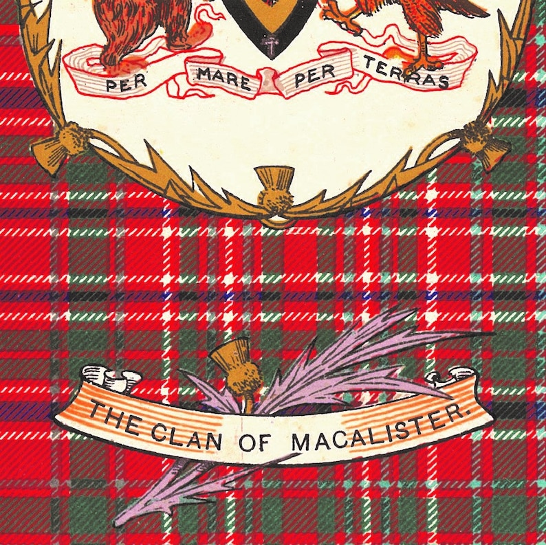 MACALISTER CLAN crest & Tartan Print Reproduction From an Antique