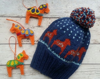 Knitting Pattern - Dala Horse - Knitted Hat - Ski Hat - Bobble Hat - Pattern - Swedish Dala Horses - Adult Size