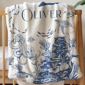 Personalized Blanket Boy Nautical Nursery Crib Blanket Hospital Newborn Name Blanket Under the Sea Baby Shower Boy Gift Ocean Crib Bedding