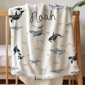 Personalized Name Blanket Boy Whale Nursery Decor Under the Sea Nursery Bedding Gift for Baby Custom Name Blanket Gift Toddler Blanket Orca