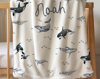 Personalized Name Blanket Boy Whale Nursery Decor Under the Sea Nursery Bedding Gift for Baby Custom Name Blanket Gift Toddler Blanket Orca