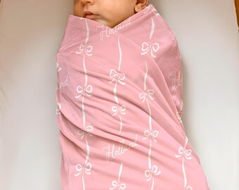 Personalized Swaddle Blanket Baby Girl Name Swaddle Custom Blanket Pink Bow Receiving Swaddle and Hat Name Announcement First Outfit Girl