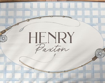 Fishing Nursery Decor Personalized Crib Sheet Name Boy Crib Bedding Blue Gingham Grand Millennial Style Decor Fishing Baby Shower Gift Boy