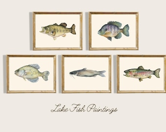 Lake Fish Art Print Set of 5 Framed Lake Theme Wall Art Cabin Bathroom Print Set Watercolor Fish Painting Collection Lake House Decor Print