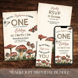 May include: A mushroom-themed birthday invitation suite. The design includes invitations, RSVP cards, and a phone mockup, all featuring watercolor illustrations of mushrooms and butterflies. The text reads "Our Little Mushroom is Turning One" and event details.