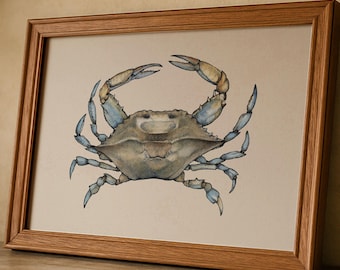 Watercolor Crab Art Print: Coastal Beach House Decor Blue Crab Painting Kitchen Wall Art Framed