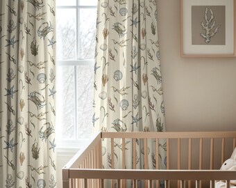 Vintage Coastal Home Decor Shell Pattern Drapery Ocean Nursery Drapes Coastal Nursery Decor Beach House Decor Vacation Home Curtain Set