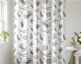 Vintage Coastal Bathroom Nautical Blue Crab Decor Shower Curtain and Bath Mat Set Beach House Bathroom Curtain Beach Seashell Ocean Bathroom