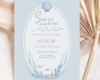 Sea you Soon Invite Under the Sea Baby Shower Invitation Editable Ocean Baby Sprinkle Nautical Baby is on the Way Summer Beach Baby Shower