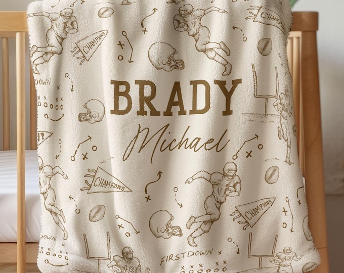 Football Blanket Personalized Name Gift Vintage Sport Nursery Decor Custom Hospital Blanket Gift Baby Boy Blanket Name Football Nursery Boy