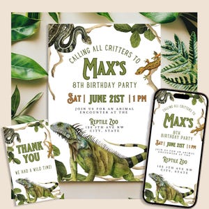 Puede incluir: Una invitación imprimible para una fiesta de cumpleaños con temática de reptiles. La invitación presenta un iguana verde, una serpiente y un lagarto, junto con el texto "Calling all critters to Max's 8th Birthday Party". La invitación también incluye la fecha, la hora y la ubicación de la fiesta.