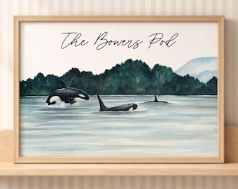 Personalized Family Name Print Framed Orca Whale Gift Idea Orca Pod Personalized Name Art Entryway Custom Coastal Home Decor PNW Orca Gift