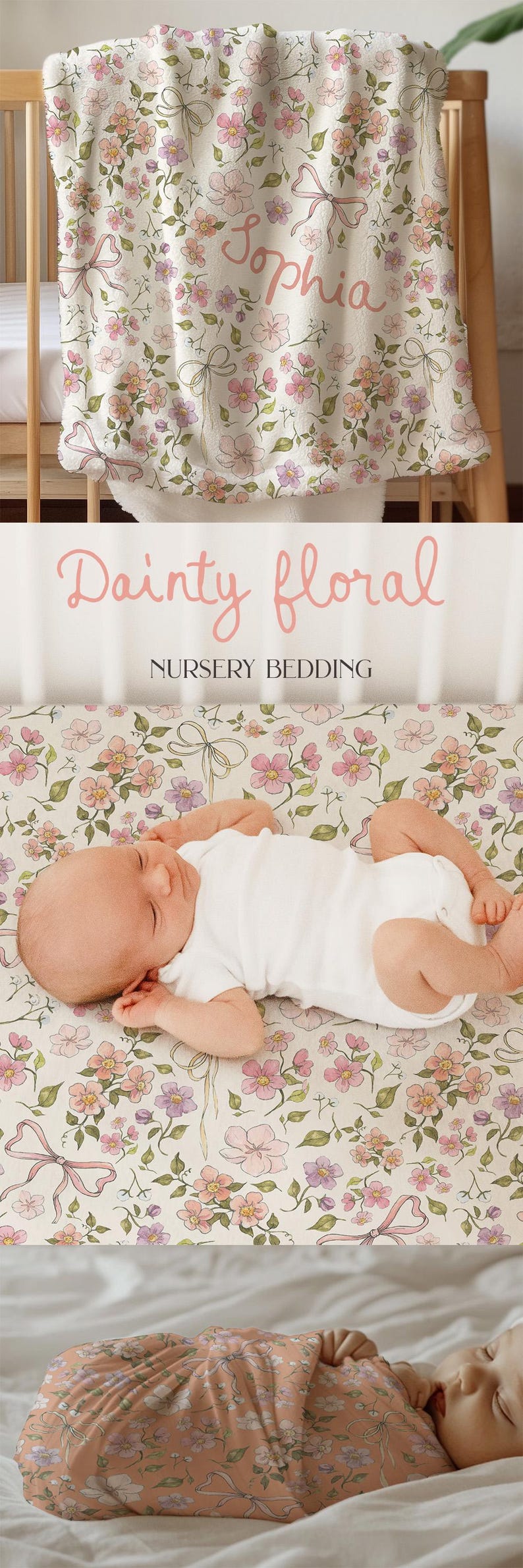 Puede incluir: Una s&aacute;bana de cuna blanca con un estampado floral rosa y verde. La s&aacute;bana presenta un delicado dise&ntilde;o floral con flores rosas y moradas, hojas verdes y lazos blancos. La s&aacute;bana est&aacute; hecha de tela suave y transpirable, perfecta para la habitaci&oacute;n de un beb&eacute;.