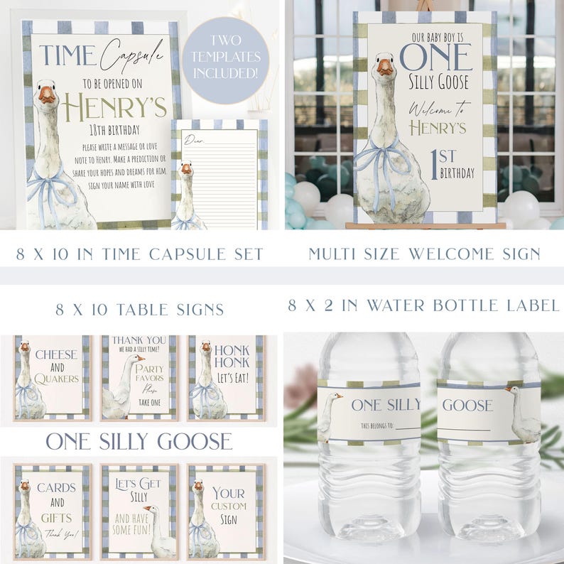 Op de afbeelding: Een verzameling feestdecoraties met het thema "One Silly Goose". Inclusief een welkomstbord, een tijdscapsule set, tafelsignalen en waterfleslabels. De ontwerpen tonen een aquarel gans met een blauwe strik en tekst in een blauw en groen geruit kader.