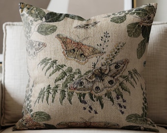 Woodland Moth Pillow Woven Cotton Throw Pillow Whimsical Accent Pillow Cottagecore Woven Tapestry Cushion Moth Lover Housewarming Gift Idea