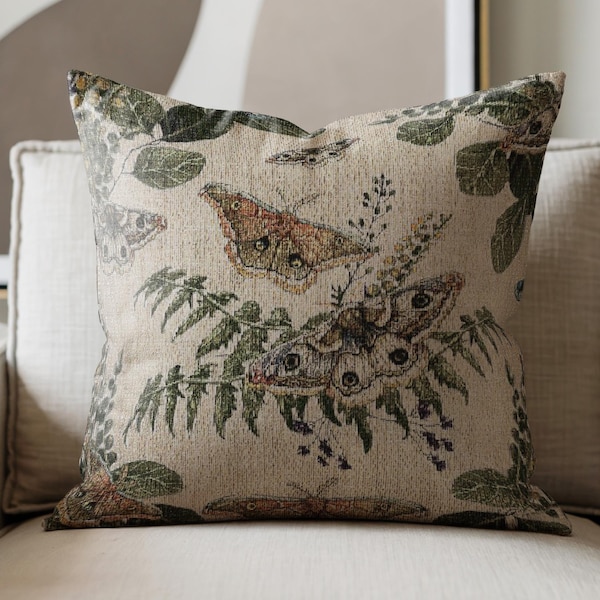 Woodland Moth Pillow Woven Cotton Throw Pillow Whimsical Accent Pillow Cottagecore Woven Tapestry Cushion Moth Lover Housewarming Gift Idea