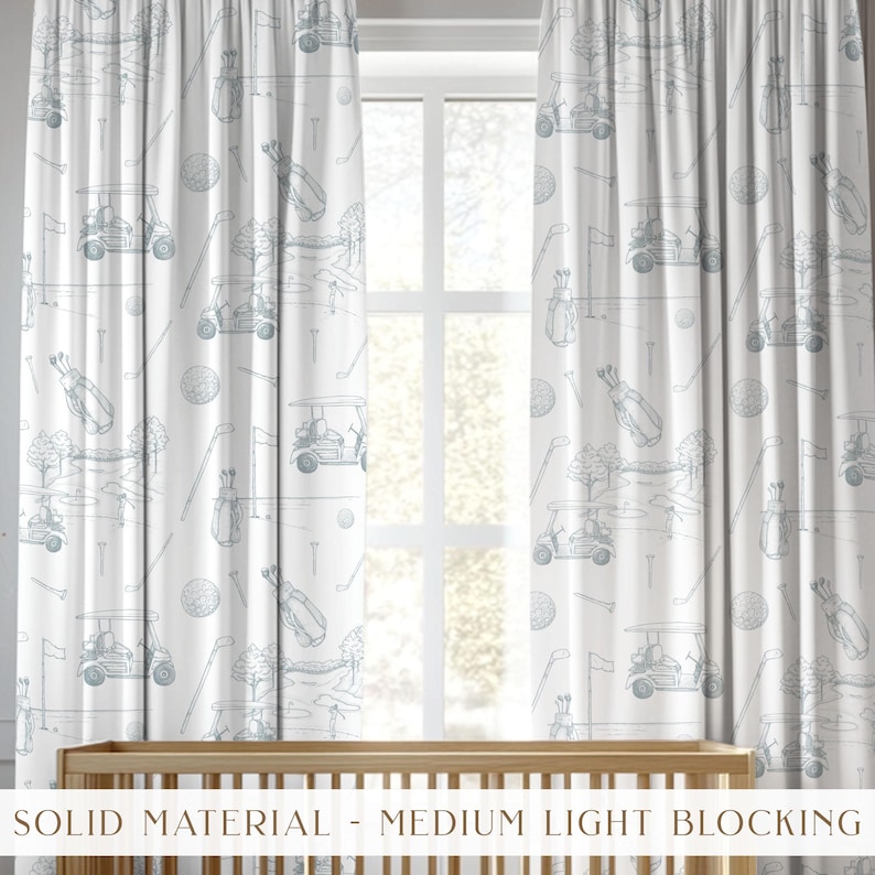 Golf-themed window curtains for nursery or kids room with elegant watercolor artwork in a preppy country club style.