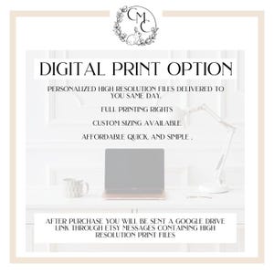 May include: An advertisement for a digital print option, featuring a laptop, mug, and desk lamp. Text includes "DIGITAL PRINT OPTION", personalized high-resolution files, full printing rights, and custom sizing available. The image has a clean, minimalist aesthetic.