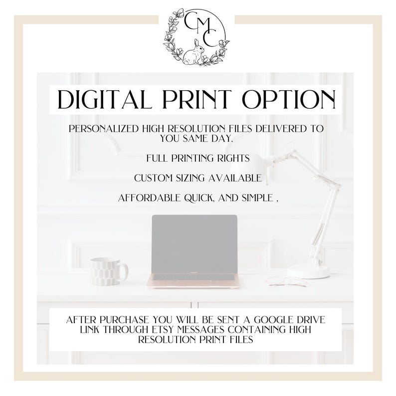 May include: An advertisement for a digital print option, featuring a laptop, mug, and desk lamp. Text includes "DIGITAL PRINT OPTION", personalized high-resolution files, full printing rights, and custom sizing available. The image has a clean, minimalist aesthetic.