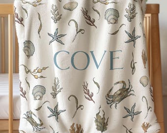 Ocean Baby Blanket Name Custom Blanket Coastal Nursery Decor Boy Nautical Nursery Bedding Set Under the Sea Decor Personalized Name Gift Set