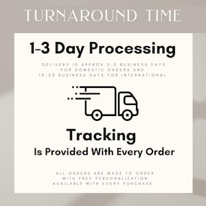 May include: A graphic with the text "TURNAROUND TIME" at the top. The text "1-3 Day Processing" is in bold. Below is a delivery truck icon and the text "Tracking Is Provided With Every Order".