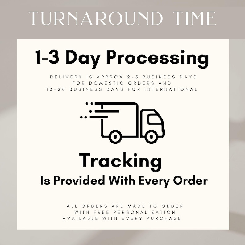 May include: A graphic with the text "TURNAROUND TIME" at the top. The text "1-3 Day Processing" is in bold. Below is a delivery truck icon and the text "Tracking Is Provided With Every Order".
